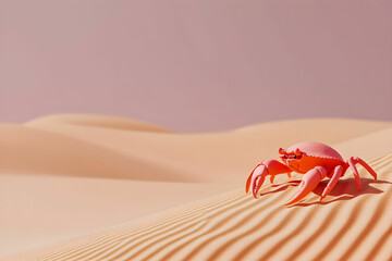 Vibrant Pink Crab Walking on Silky Sand Dunes Under Soft Pink Sky at Sunset