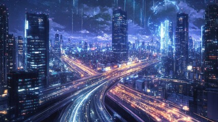 Fototapeta premium Night cityscape view with multiple highway interchanges and bright building lights.