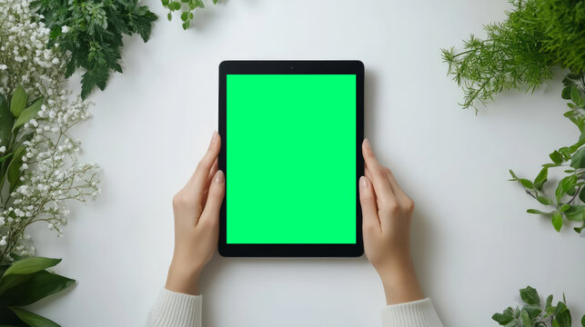 Hands using black tablet mockup isolated on white background.