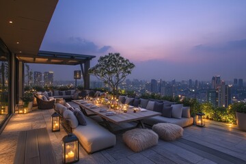 Rooftop patio with seating and view at dusk.
