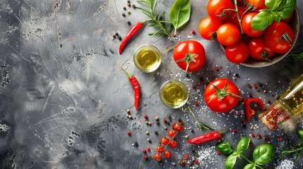 Fresh vegetables and herbs on a textured dark kitchen surface
