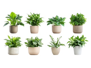 Collection of various houseplants displayed in ceramic pots isolated on transparent background.