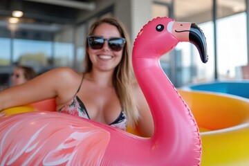 A smiling woman in sunglasses enjoys her time at a summer pool party, holding a large pink flamingo...