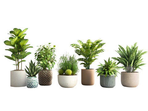 Collection of various houseplants displayed in ceramic pots isolated on transparent background.