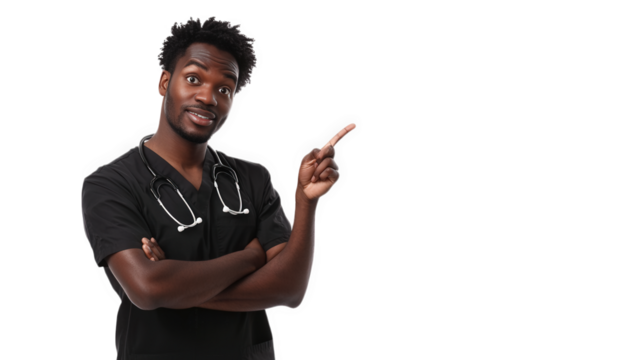 A smiling male doctor points to the right side