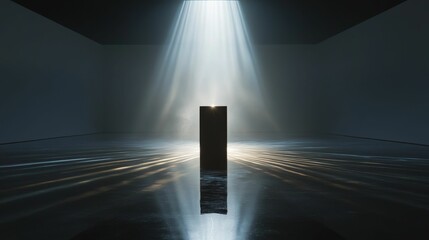 Dark room, single block, light beams, reflective floor.