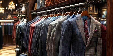 Men s suits elegantly displayed on hangers within a clothing store, showcasing a variety of styles and designs. These men s suits highlight the latest fashion trends in men s formal wear.