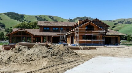 Fototapeta premium Large house under construction with mountains in background.