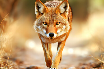 Majestic Coyote Walking Through Golden Grass Landscape in Natural Habitat