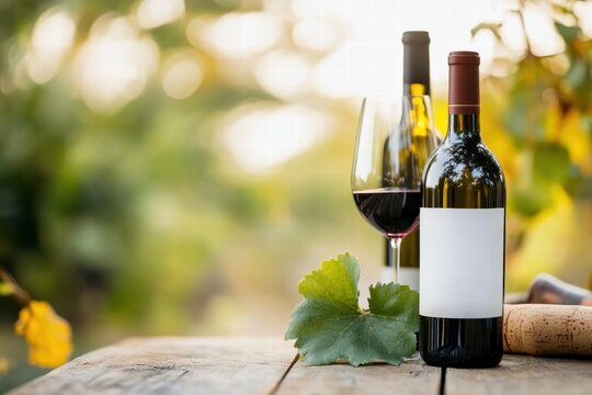 Two bottles of wine and a glass sit invitingly on a wooden table, accompanied by grape leaves, bathed in the gentle light of a vineyard setting, showcasing tranquility and elegance.