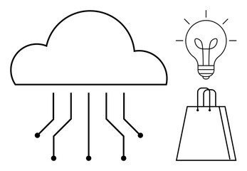 Cloud computing interconnected with circuits, lightbulb symbolizing innovation, shopping bag for ecommerce. Ideal for technology, innovation, online business, cloud services, retail, marketing