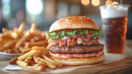A burger and fries combo meal with soda placed on a trendy wooden table