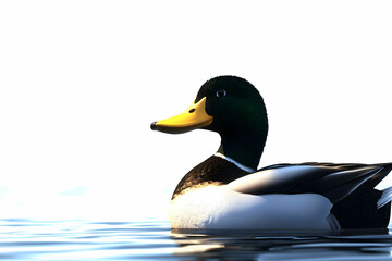 Obraz premium Captivating Close-Up of a Mallard Duck Floating Gracefully on Calm Water with Soft Light Background
