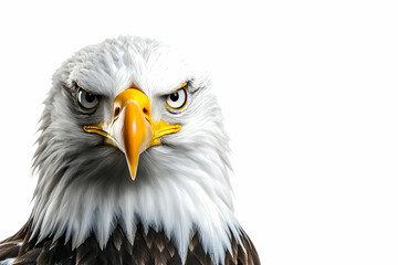 Obraz premium Majestic Bald Eagle Portrait with Intense Gaze, Feather Details, and Vibrant Yellow Beak Against White Background