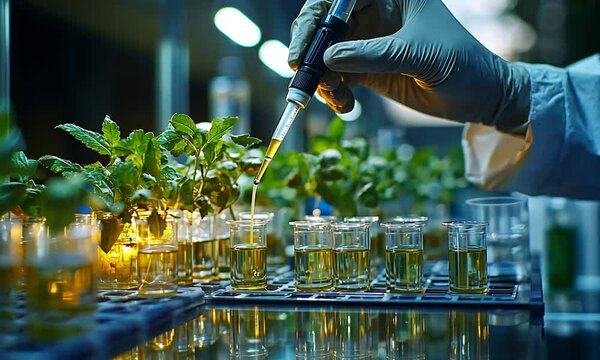 A scientist uses a pipette to transfer liquid in a lab with plants in the background.