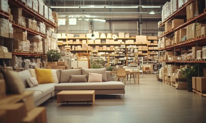 Obraz premium Large warehouse interior with shelving, boxes, and sofa.