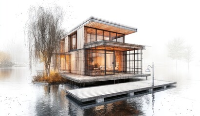 Obraz premium Modern house drawing by lake, with pier and trees.