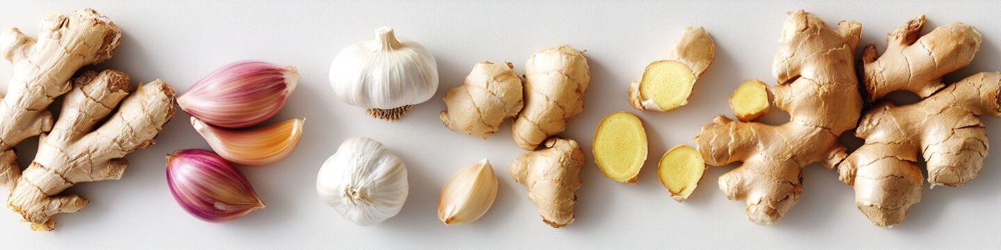 clean flat lay of garlic cloves and ginger root arranged neatly on white matte surface under diffused lighting