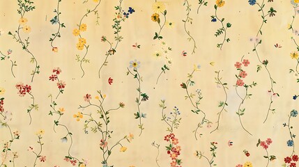 A hand-embroidered pattern of tiny flowers and vines in pastel colors on a light yellow linen
