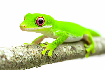 Obraz premium Vibrant Green Gecko with Bright Orange Eyes Crawling on Natural Branch Isolated on White Background
