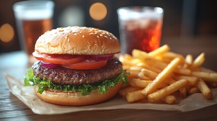 A fresh fast food meal of fries burgers and soda on a clean rustic table
