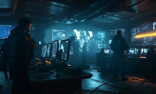 Group of soldiers or spies in dark room with large monitors and advanced satellite communication technology launching a missle