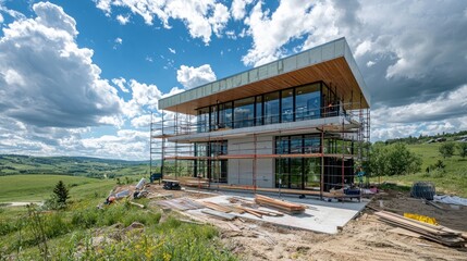 Obraz premium Modern house under construction on hilltop with scaffolding.