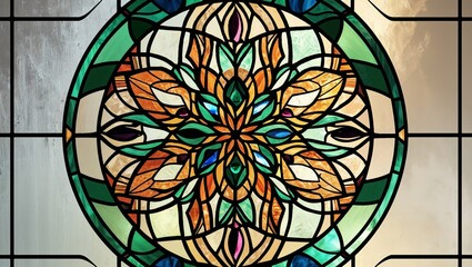 Beautiful Stained Glass Window in Oval Design with Green Teal Orange Hues