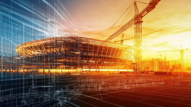 Stadium under construction at sunset with building plans overlay.