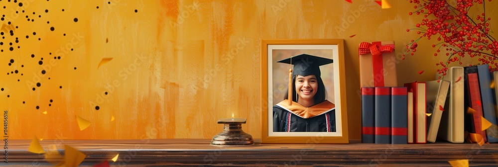 Poster graduation celebration with framed portrait and school items creating a joyful atmosphere for a stud
