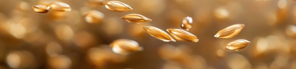 Obraz premium Flying brown flaxseeds with blurred background.