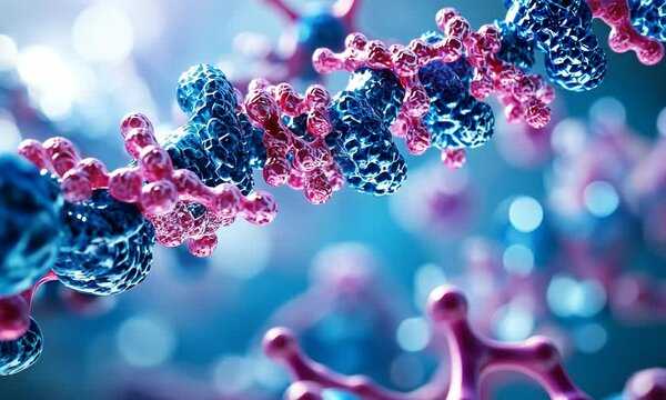 A close-up view of a molecular structure, likely representing DNA or RNA strands.