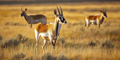 Naklejka premium Pronghorn gracefully roaming in an expansive open field, showcasing the beauty and elegance of pronghorn in their natural habitat, emphasizing the charm of these remarkable pronghorn animals.