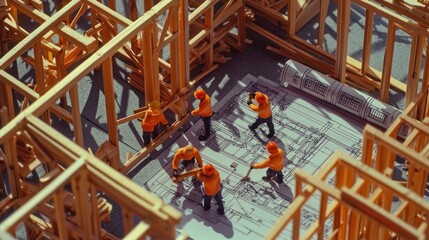 Naklejka premium Construction workers build wooden house frame.