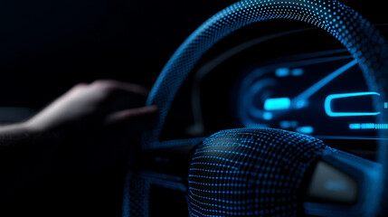 Vehicle Planning insurance concept. Futuristic car dashboard with digital interface and glowing steering wheel