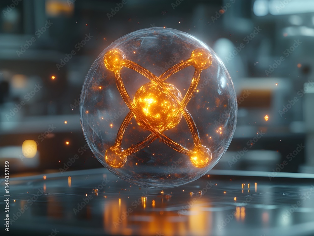 Poster highly crafted and precise 3d representation of a technetium atom demonstrating its intricate electr
