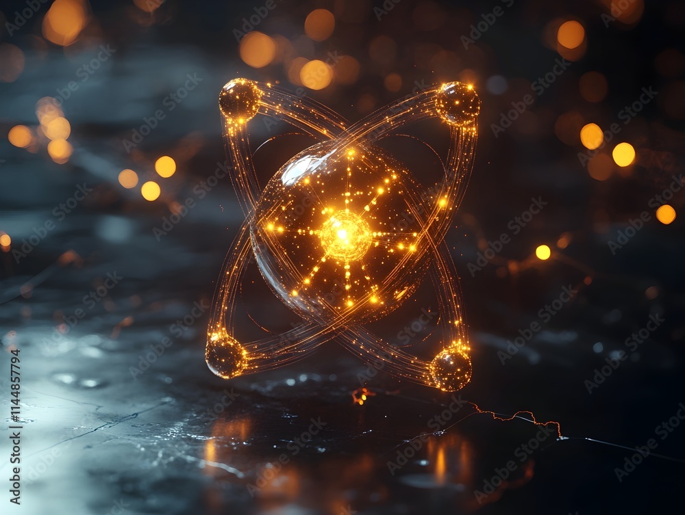 Poster intricate 3d representation of a technetium atom highlighting its electron shell structure and radio