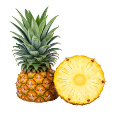 A whole pineapple sliced open with vibrant yellow fruit visible