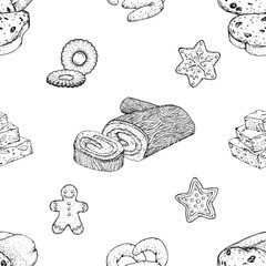 Seamless hand drawn vector pattern of festive Christmas treats. Gingerbread cookies, Swiss rolls, nougat and vanil biscuits. Black and white background perfect for holiday bakery themed designs.