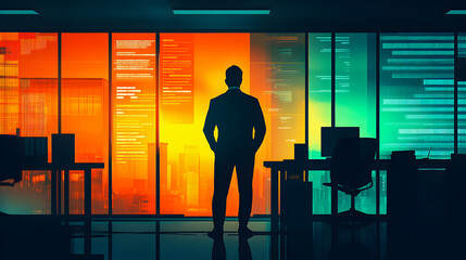 Silhouette of a man in an office with corporate infographics