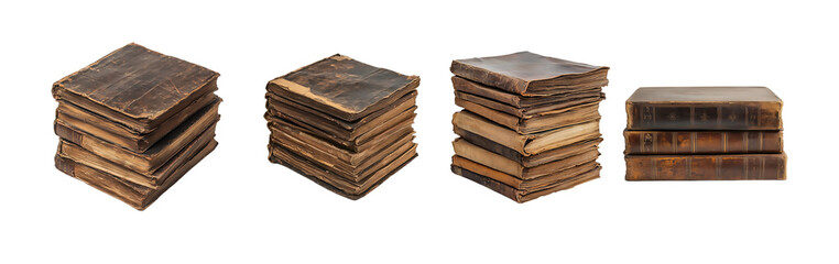 Set of stack of hardcovered old books isolated on transparent background.
