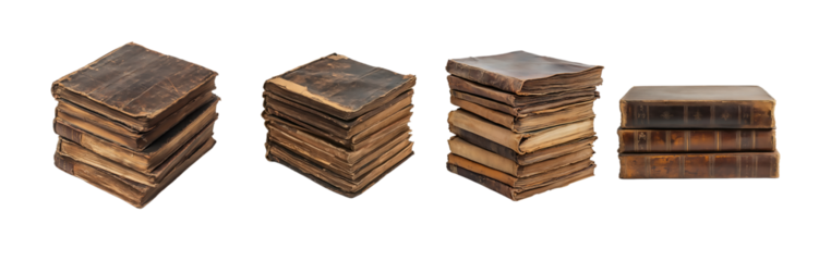 Set of stack of hardcovered old books isolated on transparent background.