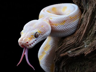Fototapeta premium Albino snake, coiled, flicking tongue, on bark.