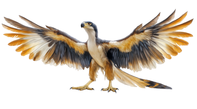 Majestic Avian: A digitally rendered bird of prey with outstretched wings, showcasing intricate details in its plumage and posture, creating a powerful and dynamic image.