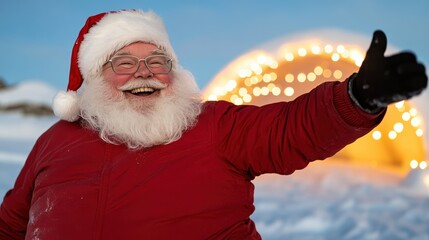 Santa Claus stands amidst a frozen, snow-covered landscape, enthusiastically giving a thumbs up beside a glowing igloo, radiating cheer and festive spirit to all.
