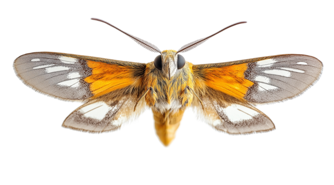 Striking Orange and Grey Moth: A vibrant moth with striking orange and grey patterns on its wings is isolated against a clean backdrop, showcasing its intricate details and delicate features.