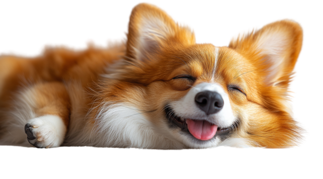 Happy Corgi Nap: An adorable red and white corgi lies contentedly on its side, eyes closed in blissful slumber, tongue lolling out in a joyful expression. 