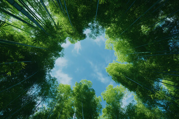 Fototapeta premium Skyward View Through Lush Green Bamboo Forest Canopy