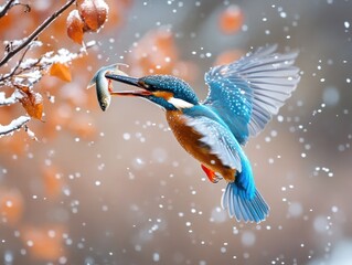 Fototapeta premium Kingfisher with fish, snowy winter scene.