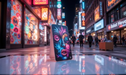 Obraz premium Vertical Business Card Mockup showcases a vibrant design against a bustling city backdrop, with neon colors illuminating the scene, creating an energetic urban atmosphere.